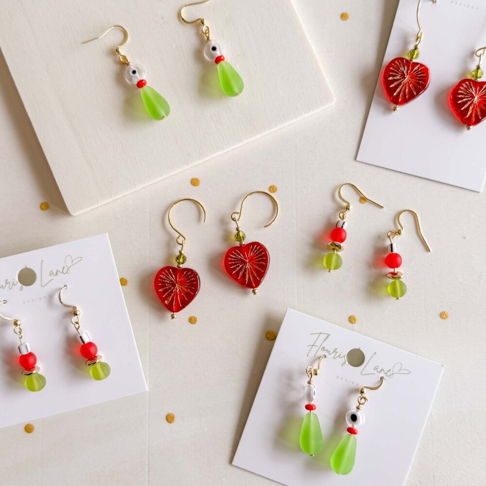 Colourful Beaded Drop Earrings Red Lime Green Gold | Funky Jewellery - Picture 4 of 6